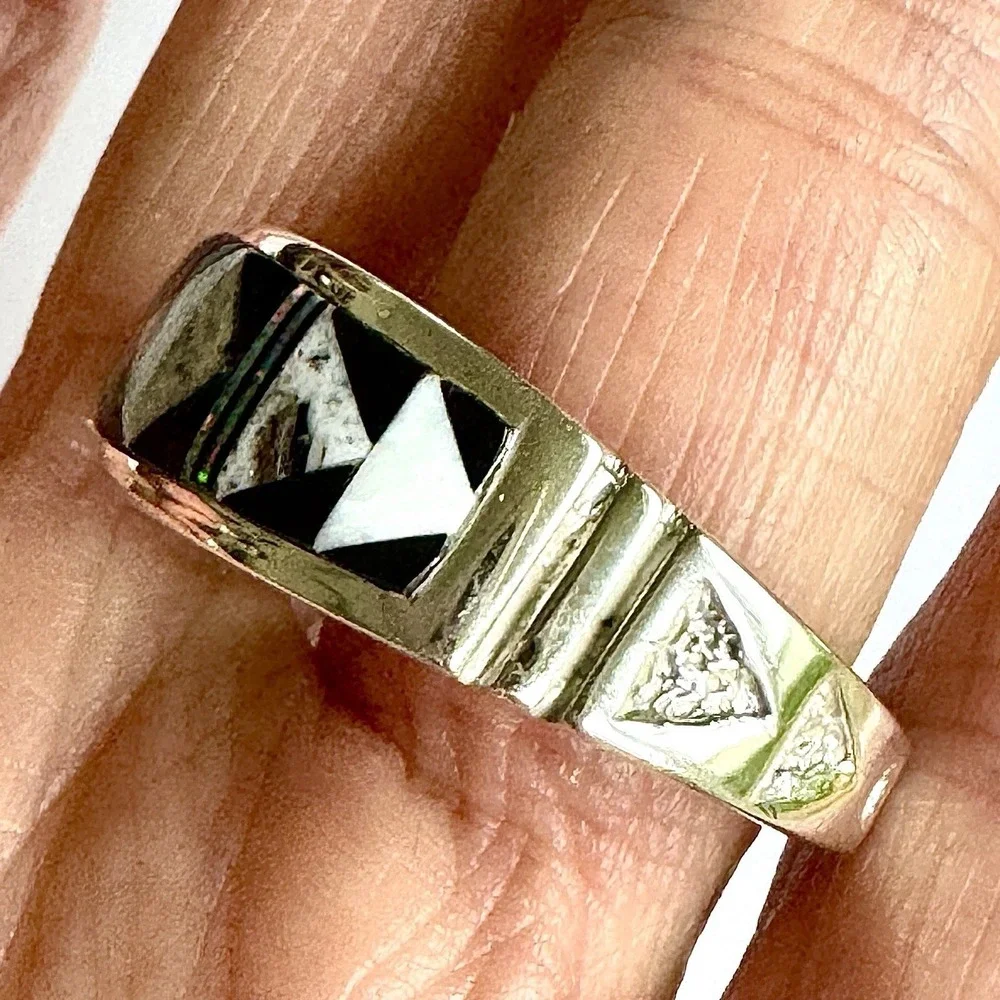 Navajo‎ Inlay Wedding Band Ring Sz 13 Opal White Buffalo 9mm Mens Signed Tolino